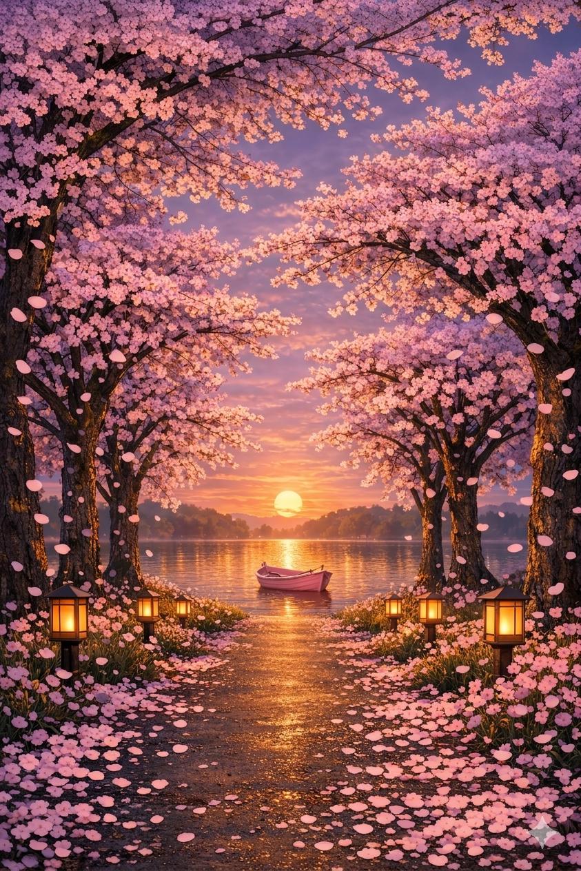Cherry blossom tranquil path lake boat download