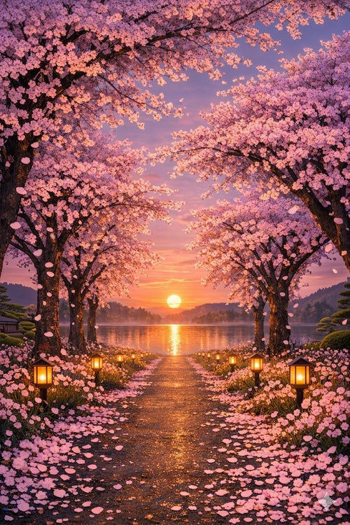 Cherry blossom tranquil path lake download