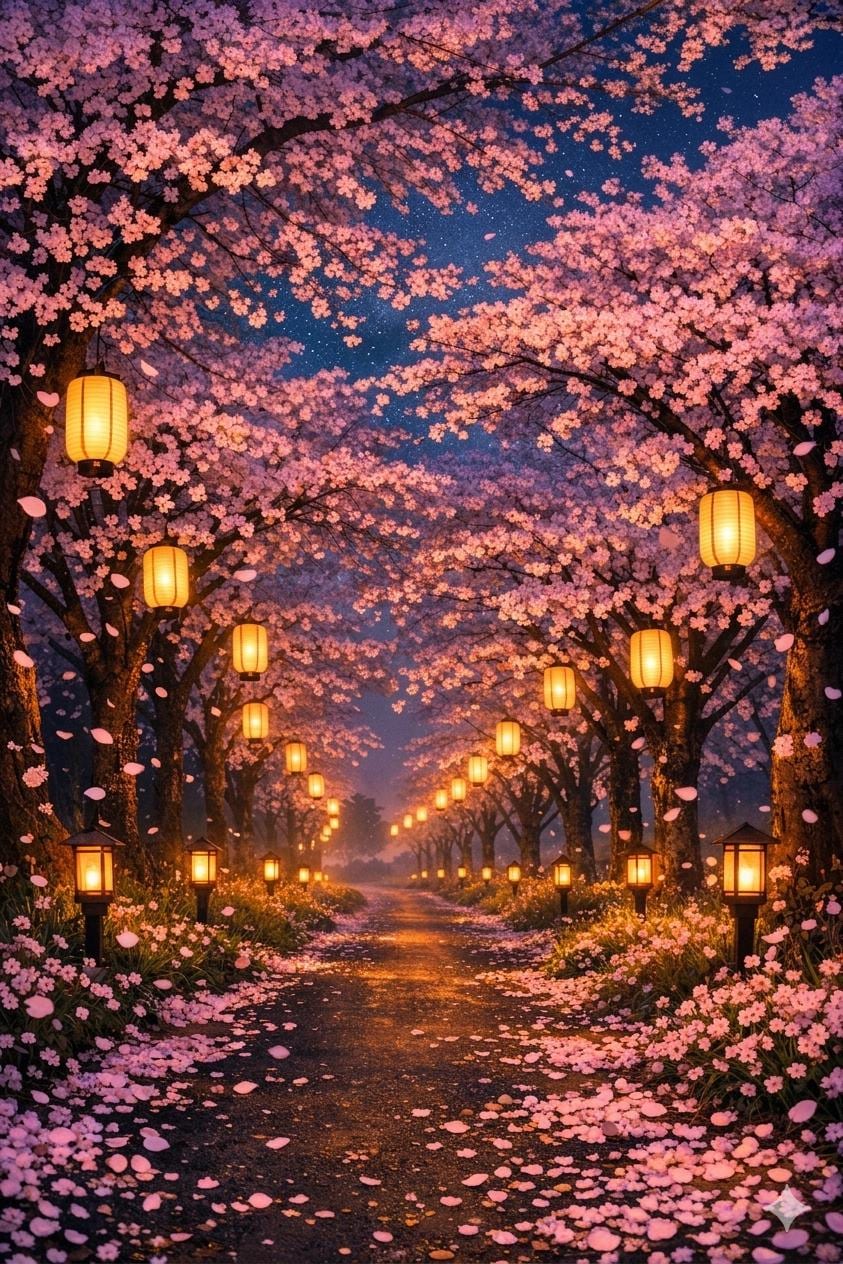 Cherry blossom tranquil path lantern download