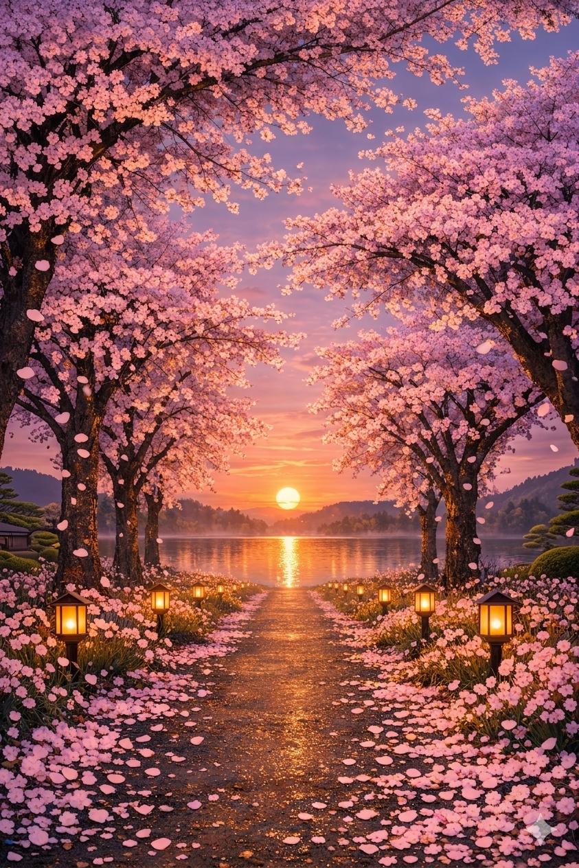 Cherry blossom tranquil path lake download